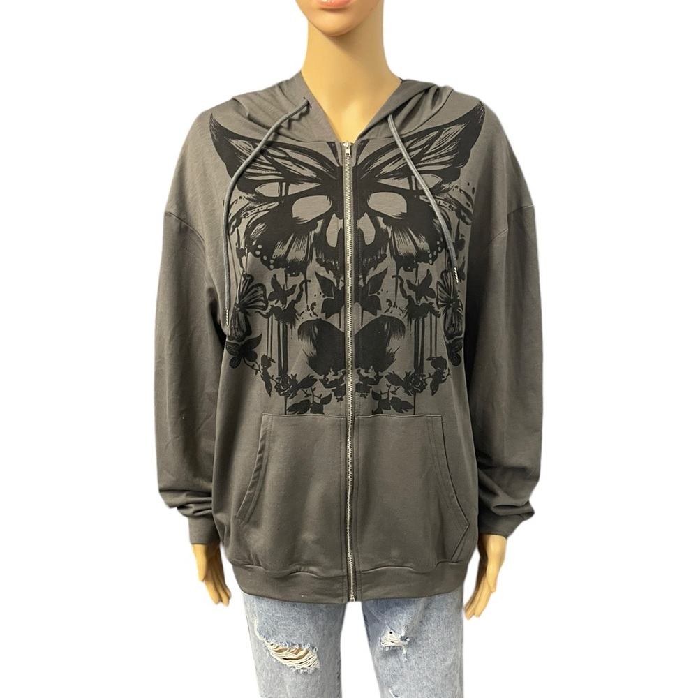 SHEIN Butterfly Print Zip Up DropDrawstring Hoodie
